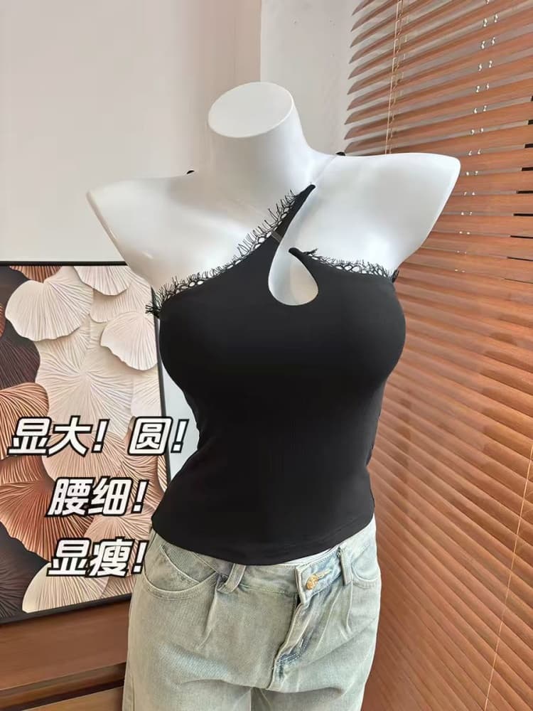 정가 감소되지 않음 작은 대중 비대칭 비스듬한 칼라 행침 목 홀로우 아웃 레이스 측면 슬림해 보이는 조끼 슬립 맨위 여성 상세 이미지 2