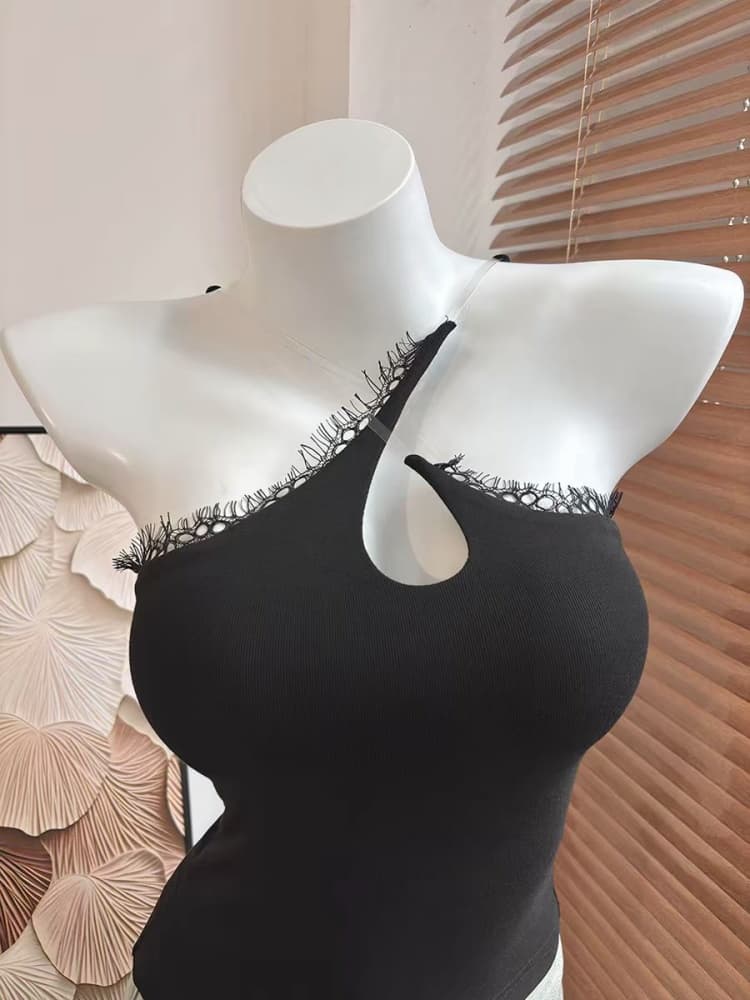 정가 감소되지 않음 작은 대중 비대칭 비스듬한 칼라 행침 목 홀로우 아웃 레이스 측면 슬림해 보이는 조끼 슬립 맨위 여성 상세 이미지 3