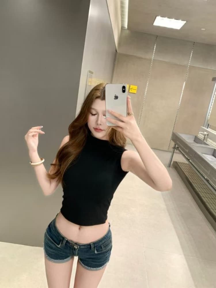 실사 정가 감소되지 않음 스탠드 칼라 만나는 맨위 여성 반하이넥 조끼 티셔츠 외출용 타이트 민소매 티셔츠 트렌디 상세 이미지 16