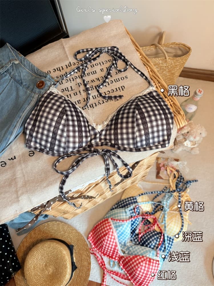 실사 정가 감소되지 않음 레이스 체크무늬 튜브탑 캐미솔 해변가 아름다움 뒤로 브래지어 하나 벨트 가슴 패드 의류 상세 이미지 3