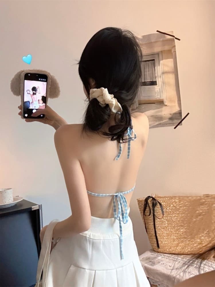 실사 정가 감소되지 않음 레이스 체크무늬 튜브탑 캐미솔 해변가 아름다움 뒤로 브래지어 하나 벨트 가슴 패드 의류 상세 이미지 19