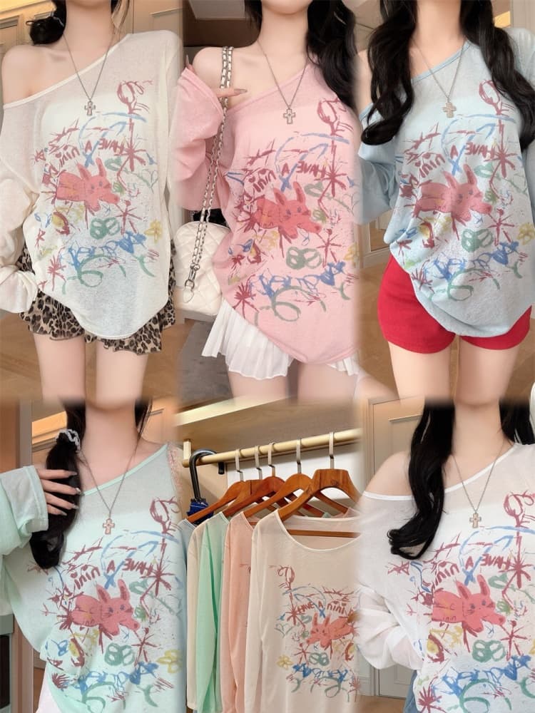 실사 정가 감소되지 않음 느긋한 바람 낙서 프린트 비스듬한 어깨 긴팔 티셔츠 여성 루즈핏 오프숄더 자외선 차단 블라우스 맨위 상세 이미지 1