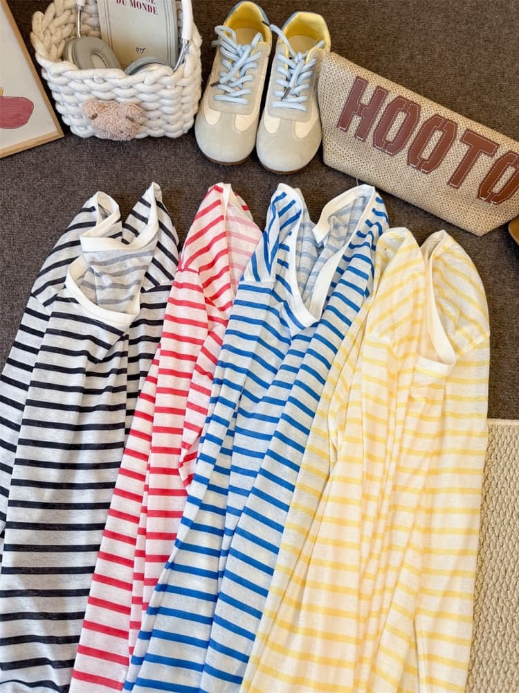 실사 정가 감소되지 않음 26 년 스트라이프 루즈핏 작은 키 오프숄더 긴팔 자외선 차단 의류 블라우스 행침 목 조끼 상세 이미지 3