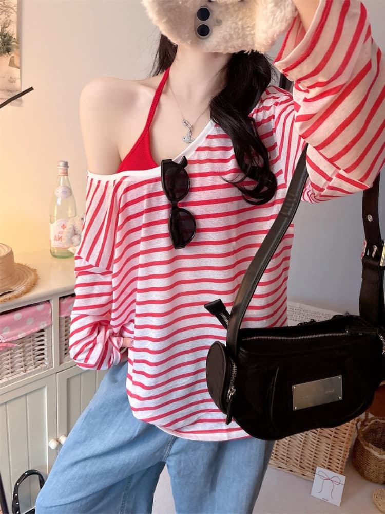 실사 정가 감소되지 않음 26 년 스트라이프 루즈핏 작은 키 오프숄더 긴팔 자외선 차단 의류 블라우스 행침 목 조끼 상세 이미지 20