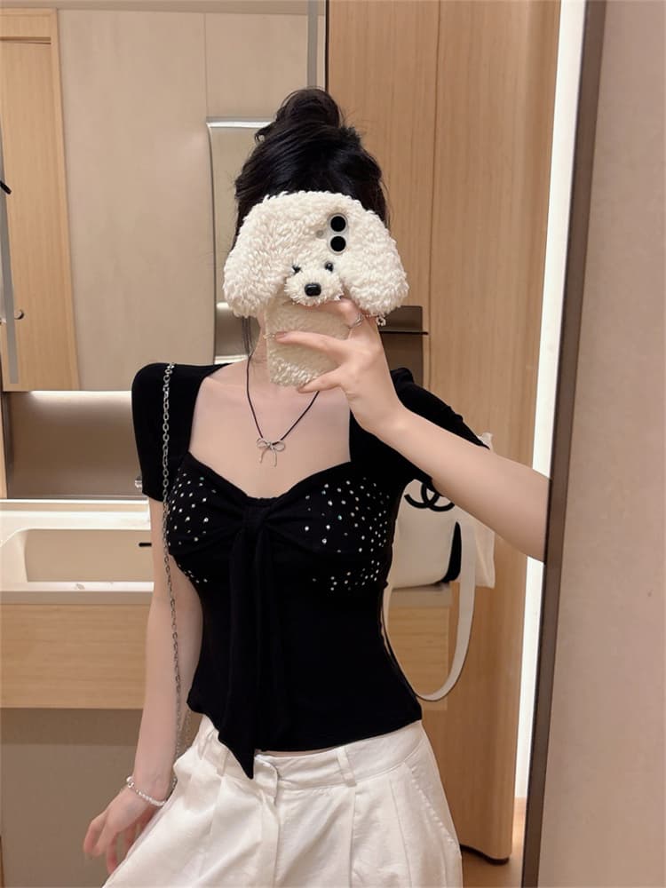 실사 정가 감소되지 않음 핫걸 바람 u 칼라 나비 매듭 패치워크 핫픽스 반팔 티셔츠 여성 원피스 벨트 가슴 패드 의류 상세 이미지 4