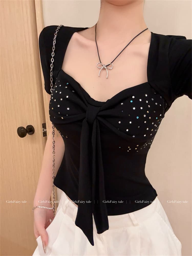 실사 정가 감소되지 않음 핫걸 바람 u 칼라 나비 매듭 패치워크 핫픽스 반팔 티셔츠 여성 원피스 벨트 가슴 패드 의류 상세 이미지 6