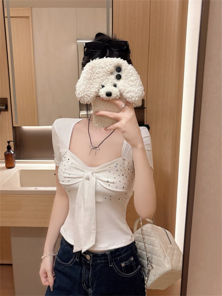 실사 정가 감소되지 않음 핫걸 바람 u 칼라 나비 매듭 패치워크 핫픽스 반팔 티셔츠 여성 원피스 벨트 가슴 패드 의류 상세 이미지 9