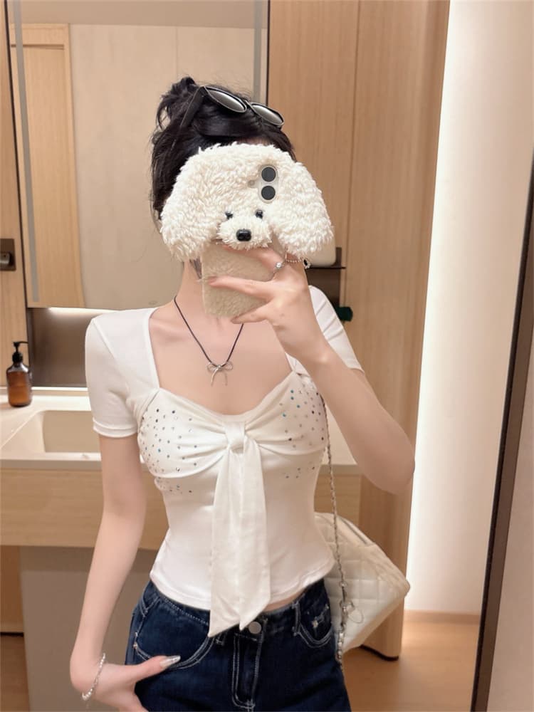 실사 정가 감소되지 않음 핫걸 바람 u 칼라 나비 매듭 패치워크 핫픽스 반팔 티셔츠 여성 원피스 벨트 가슴 패드 의류 상세 이미지 10