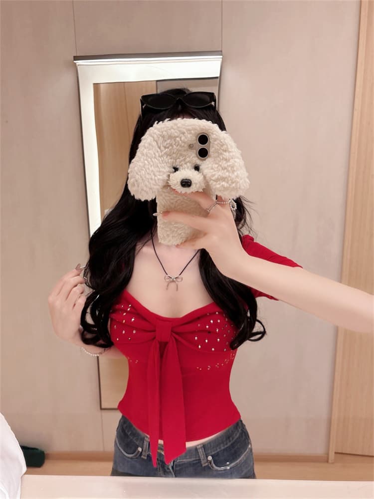 실사 정가 감소되지 않음 핫걸 바람 u 칼라 나비 매듭 패치워크 핫픽스 반팔 티셔츠 여성 원피스 벨트 가슴 패드 의류 상세 이미지 14