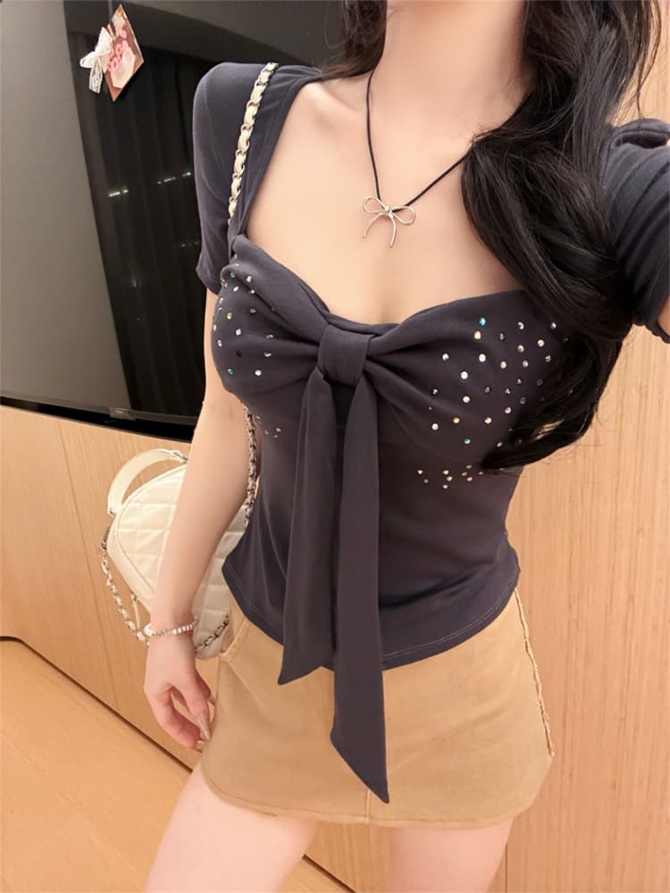 실사 정가 감소되지 않음 핫걸 바람 u 칼라 나비 매듭 패치워크 핫픽스 반팔 티셔츠 여성 원피스 벨트 가슴 패드 의류 상세 이미지 16