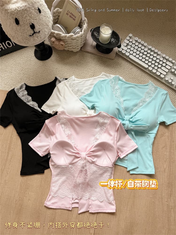 실사 정가 감소되지 않음 26 년 V넥 레이스 측면 티셔츠 여성 외국 가스 다용도 페이크 레이어드 반팔 맨위 상세 이미지 2