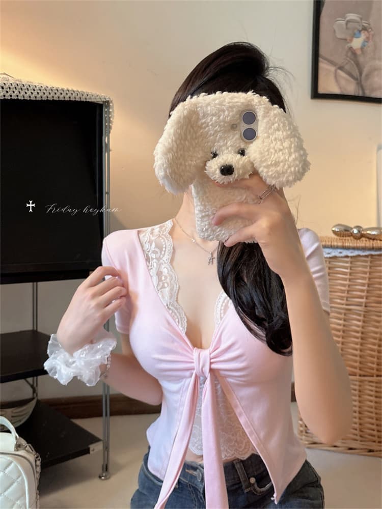 실사 정가 감소되지 않음 26 년 V넥 레이스 측면 티셔츠 여성 외국 가스 다용도 페이크 레이어드 반팔 맨위 상세 이미지 30