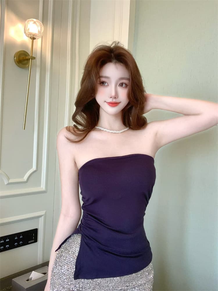 실사 정가 감소되지 않음 섹시함 불규칙 튜브탑 조끼 여성 벨트 가슴 패드 몸매 가꾸기 주름 허리 수축 슬림해 보이는 맨위 트렌디