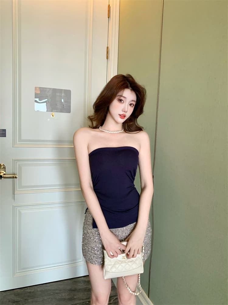 실사 정가 감소되지 않음 섹시함 불규칙 튜브탑 조끼 여성 벨트 가슴 패드 몸매 가꾸기 주름 허리 수축 슬림해 보이는 맨위 트렌디 상세 이미지 1