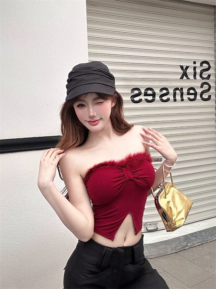 실사 정가 감소되지 않음 섹시함 플리스 패치워크 트임 튜브탑 조끼 여성 벨트 가슴 패드 몸매 가꾸기 품격 핫걸 맨위 상세 이미지 8