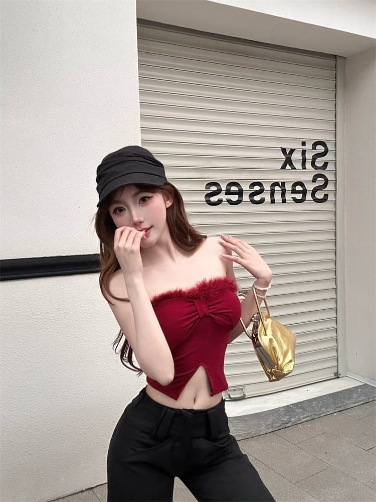 실사 정가 감소되지 않음 섹시함 플리스 패치워크 트임 튜브탑 조끼 여성 벨트 가슴 패드 몸매 가꾸기 품격 핫걸 맨위 상세 이미지 9