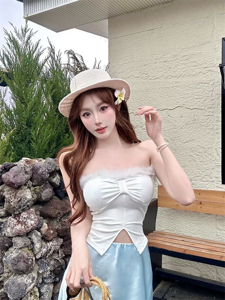 실사 정가 감소되지 않음 섹시함 플리스 패치워크 트임 튜브탑 조끼 여성 벨트 가슴 패드 몸매 가꾸기 품격 핫걸 맨위 상세 이미지 12