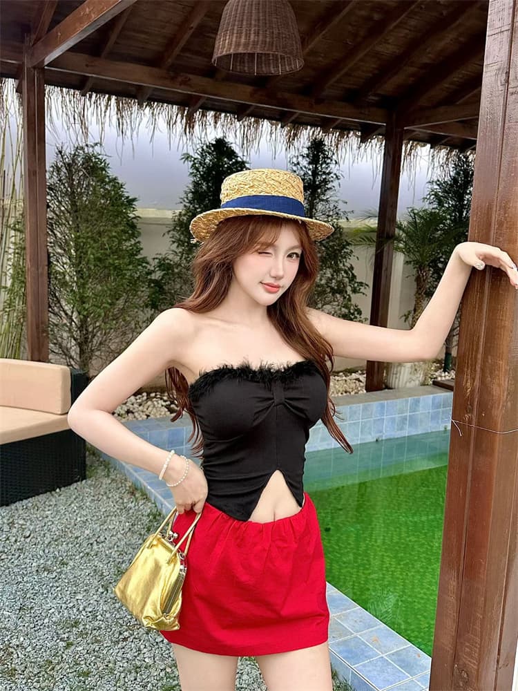 실사 정가 감소되지 않음 섹시함 플리스 패치워크 트임 튜브탑 조끼 여성 벨트 가슴 패드 몸매 가꾸기 품격 핫걸 맨위 상세 이미지 16