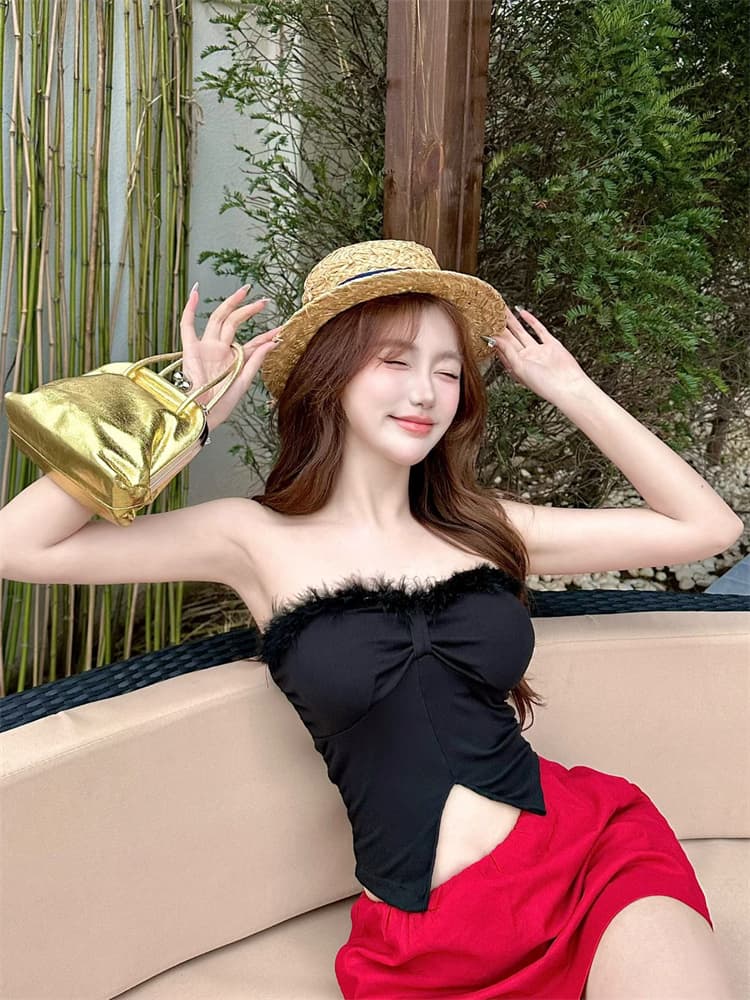 실사 정가 감소되지 않음 섹시함 플리스 패치워크 트임 튜브탑 조끼 여성 벨트 가슴 패드 몸매 가꾸기 품격 핫걸 맨위 상세 이미지 21