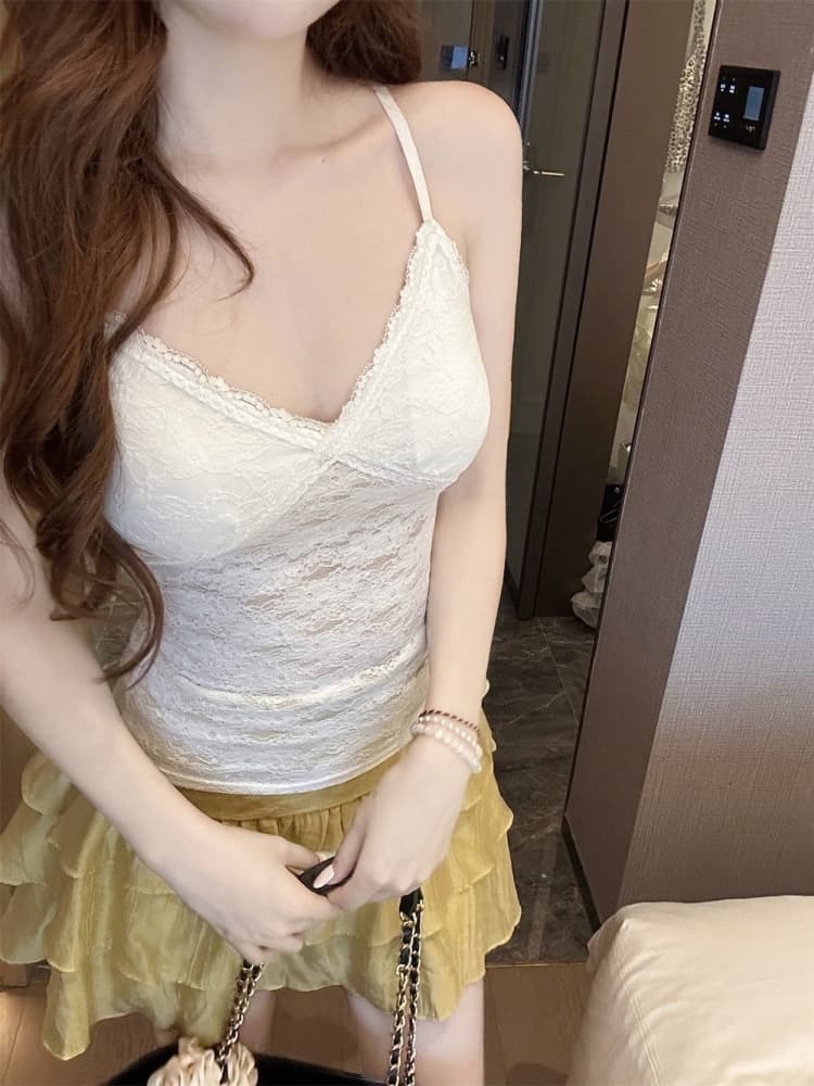 실사 정가 감소되지 않음 레이스 캐미솔 섹시함 v 넥타이 가슴 패드 인사이드 가져 가라. 몸매 가꾸기 아름다움 뒤쪽에 의류 상세 이미지 1