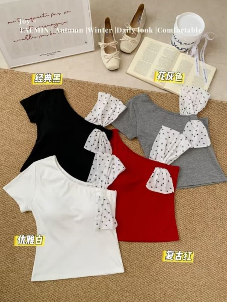 실사 정가 감소되지 않음 그라운드 순수한 욕망 달콤한 핫걸 비스듬한 어깨 도트 무늬 반팔 티셔츠 여성 몸매 가꾸기 Chic 작은 맨위 상세 이미지 28