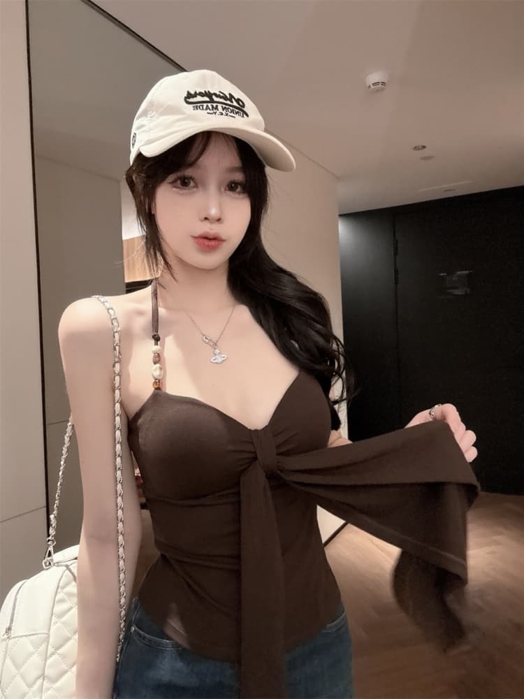 실사 정가 감소되지 않음 핫걸 나비 매듭 행침 목 캐미솔 허리 수축 슬림해 보이는 쇼트 스타일 요추 배 맨위 상세 이미지 8