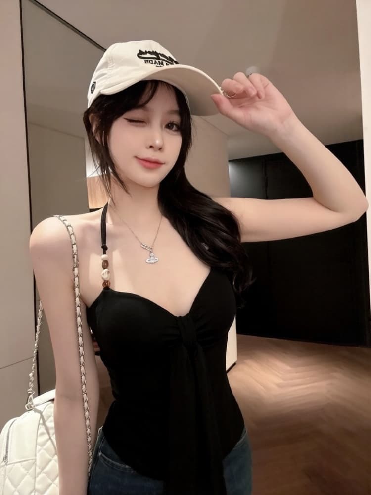 실사 정가 감소되지 않음 핫걸 나비 매듭 행침 목 캐미솔 허리 수축 슬림해 보이는 쇼트 스타일 요추 배 맨위 상세 이미지 16