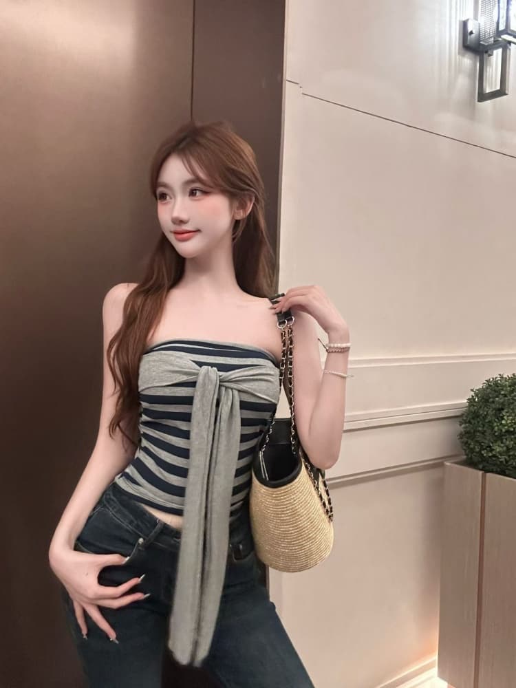 실사 정가 감소되지 않음 순수한 욕망 작은 섹시함 핫걸 소녀 스트라이프 튜브탑 조끼 스트랩 한 단어 와이 인사이드 벨트 가슴 패드 상세 이미지 5