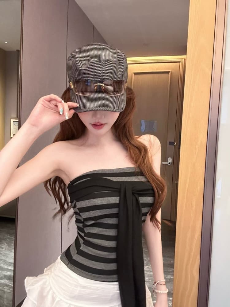 실사 정가 감소되지 않음 순수한 욕망 작은 섹시함 핫걸 소녀 스트라이프 튜브탑 조끼 스트랩 한 단어 와이 인사이드 벨트 가슴 패드 상세 이미지 7