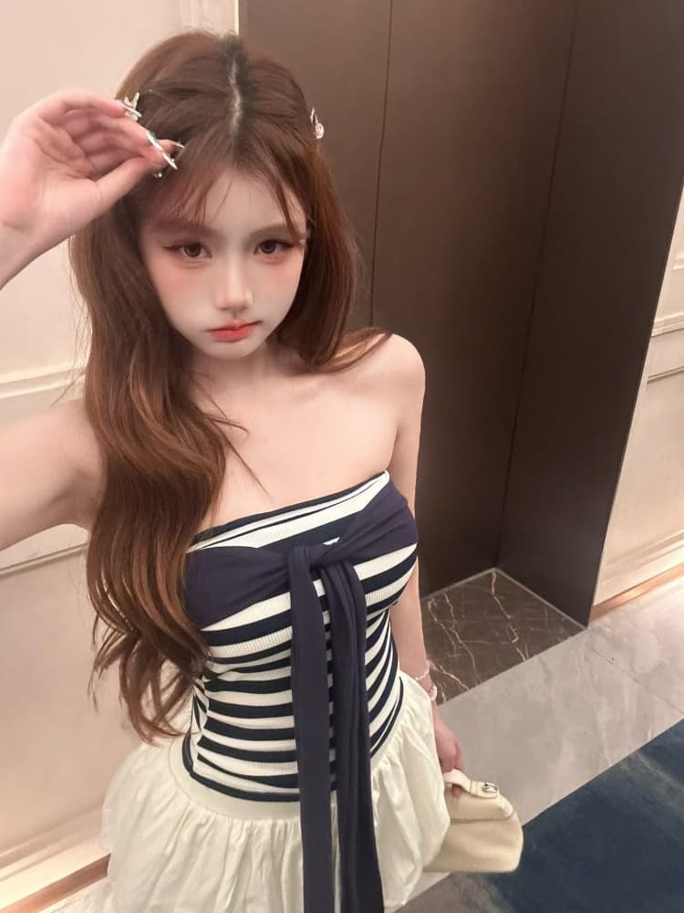 실사 정가 감소되지 않음 순수한 욕망 작은 섹시함 핫걸 소녀 스트라이프 튜브탑 조끼 스트랩 한 단어 와이 인사이드 벨트 가슴 패드 상세 이미지 14