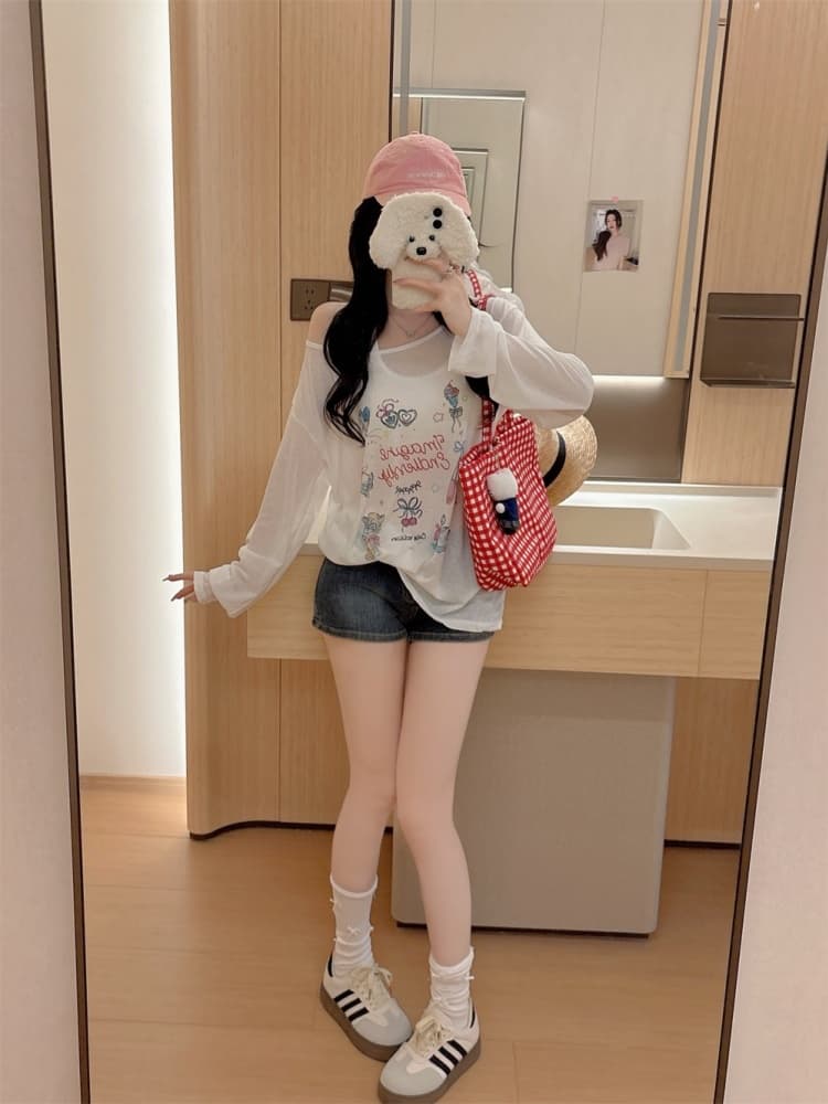 실사 정가 감소되지 않음 디자인 재미있는 프린트 얇은 스타일 긴팔 티셔츠 여성 느긋한 루즈핏 다용도 자외선 차단 맨위 상세 이미지 17