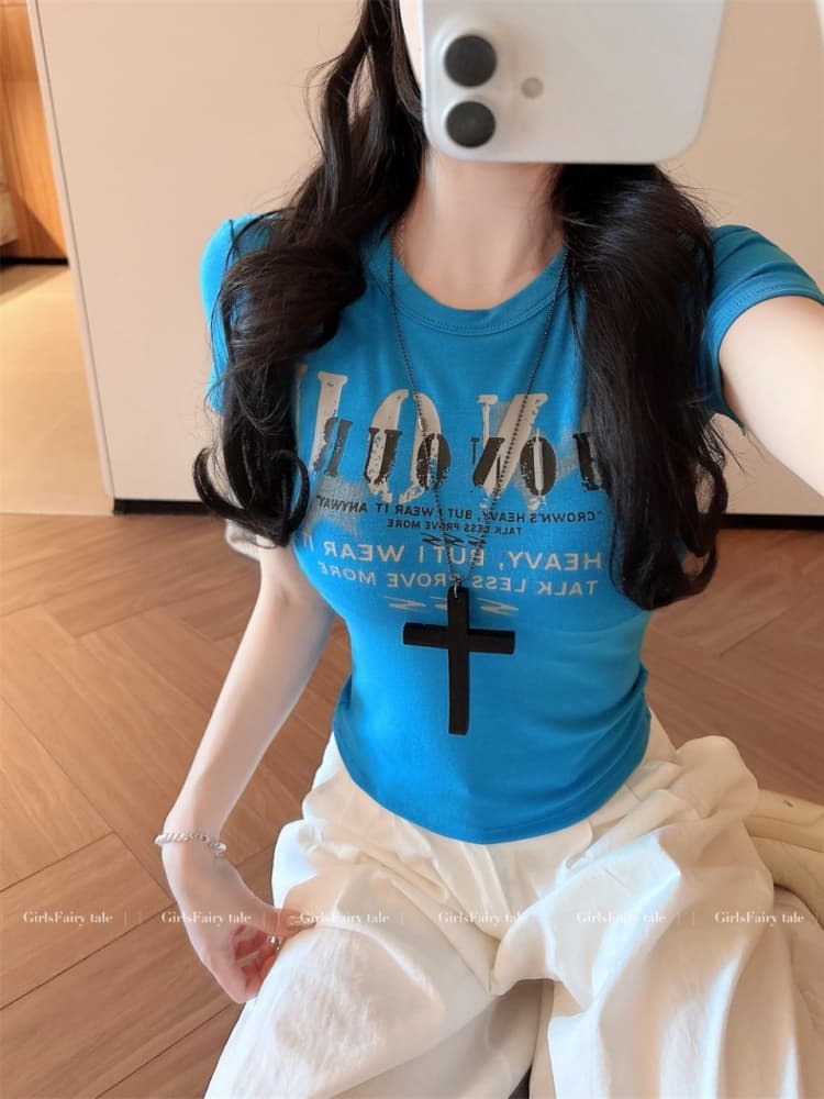 실사 정가 감소되지 않음 새로운 아메리칸 핫걸 바람 알파벳 프린트 가슴 패드 허리 수축 긍정적 인 어깨 라운드 넥 반팔 티셔츠 여성 상세 이미지 3