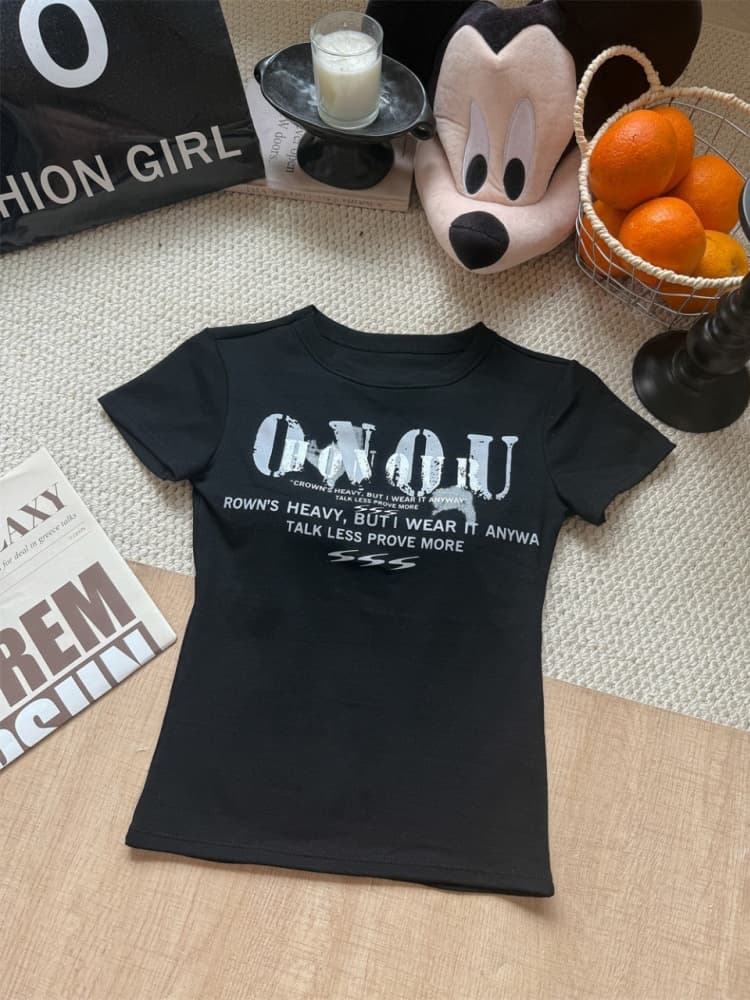 실사 정가 감소되지 않음 새로운 아메리칸 핫걸 바람 알파벳 프린트 가슴 패드 허리 수축 긍정적 인 어깨 라운드 넥 반팔 티셔츠 여성 상세 이미지 31