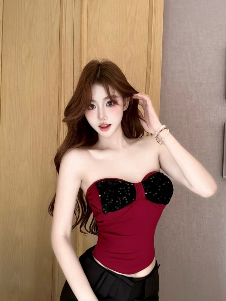 실사 정가 감소되지 않음 섹시함 나비 매듭 스팽글 튜브탑 조끼 여성 벨트 가슴 패드 고급 센스 아름다움 뒤쪽에 의류 상세 이미지 15