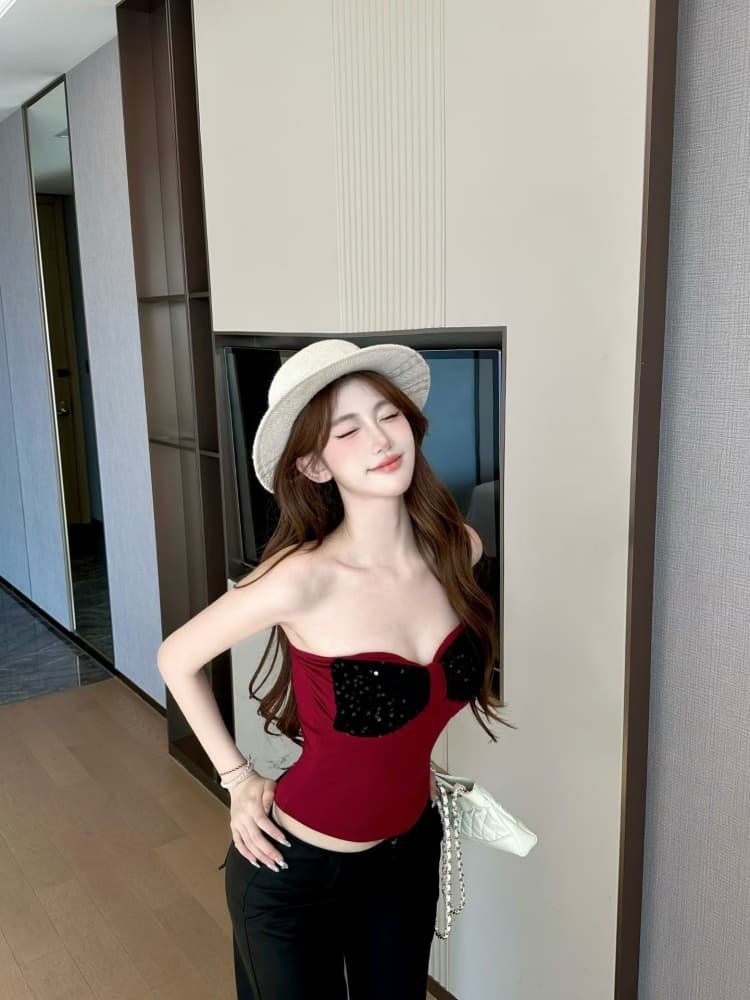 실사 정가 감소되지 않음 섹시함 나비 매듭 스팽글 튜브탑 조끼 여성 벨트 가슴 패드 고급 센스 아름다움 뒤쪽에 의류 상세 이미지 16