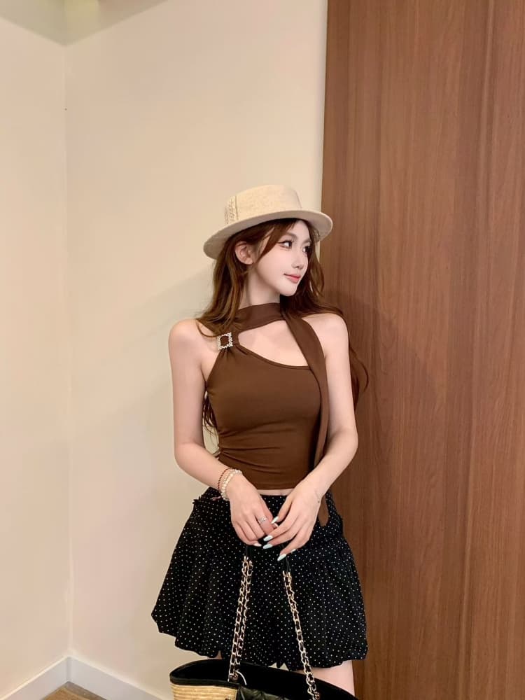 실사 정가 감소되지 않음 섹시함 핫걸 금속 버클 비스듬한 어깨 리본 조끼 슬림해 보이는 디자인 센스 외출용 맨위 상세 이미지 3