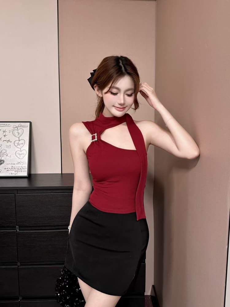 실사 정가 감소되지 않음 섹시함 핫걸 금속 버클 비스듬한 어깨 리본 조끼 슬림해 보이는 디자인 센스 외출용 맨위 상세 이미지 26