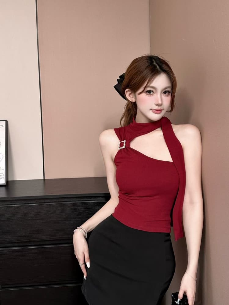 실사 정가 감소되지 않음 섹시함 핫걸 금속 버클 비스듬한 어깨 리본 조끼 슬림해 보이는 디자인 센스 외출용 맨위 상세 이미지 27