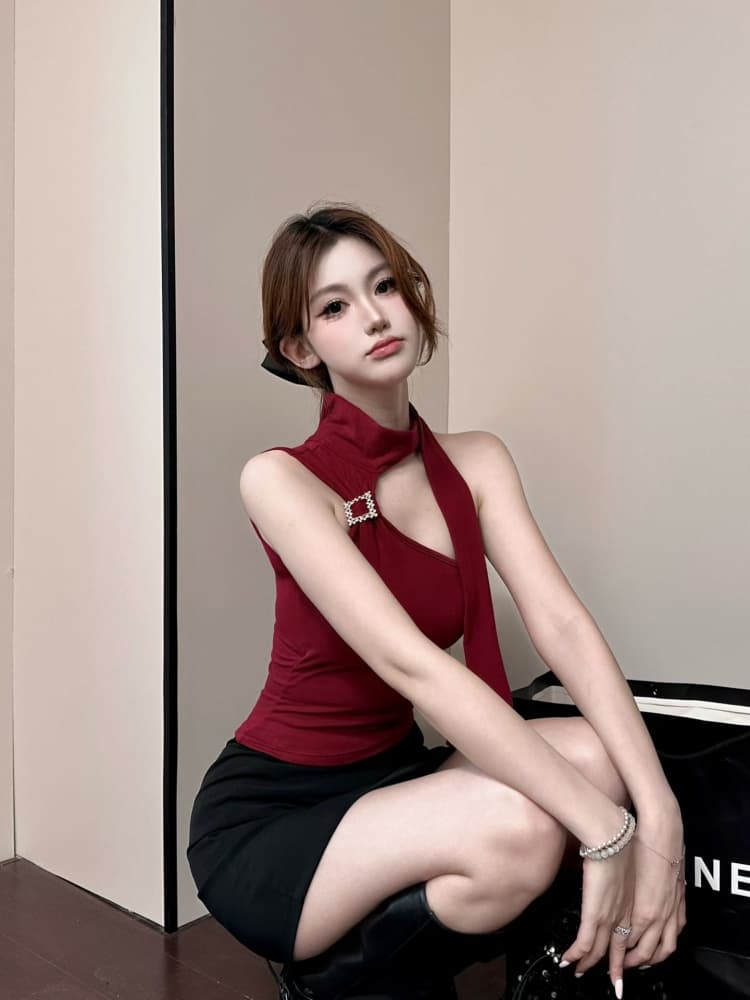 실사 정가 감소되지 않음 섹시함 핫걸 금속 버클 비스듬한 어깨 리본 조끼 슬림해 보이는 디자인 센스 외출용 맨위 상세 이미지 29