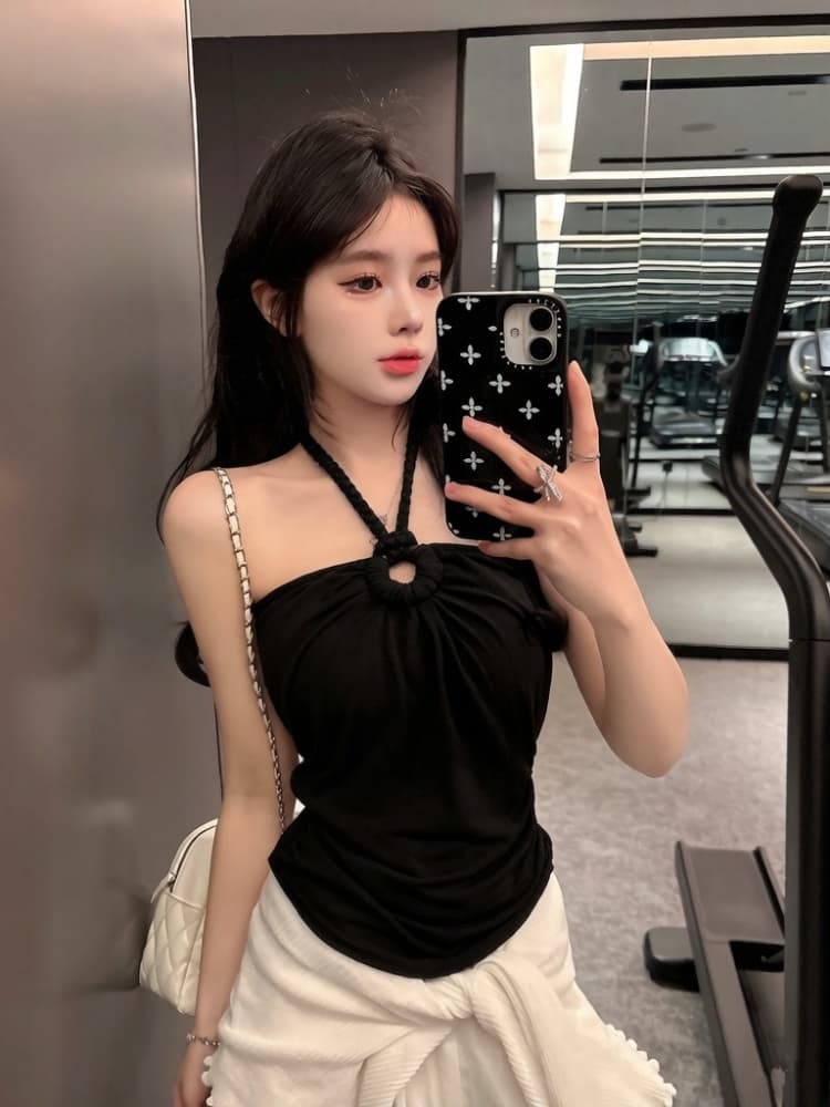 실사 정가 감소되지 않음 핫걸 비즈 대마 로프 행침 목 튜브탑 작은 슬링 주름 몸매 가꾸기 벨트 가슴 패드 민소매 맨위 이미지 3