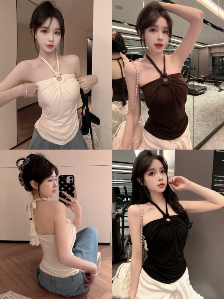 실사 정가 감소되지 않음 핫걸 비즈 대마 로프 행침 목 튜브탑 작은 슬링 주름 몸매 가꾸기 벨트 가슴 패드 민소매 맨위 상세 이미지 1