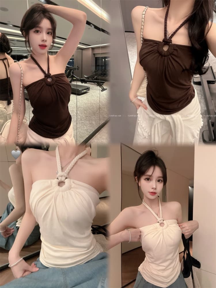 실사 정가 감소되지 않음 핫걸 비즈 대마 로프 행침 목 튜브탑 작은 슬링 주름 몸매 가꾸기 벨트 가슴 패드 민소매 맨위 상세 이미지 2