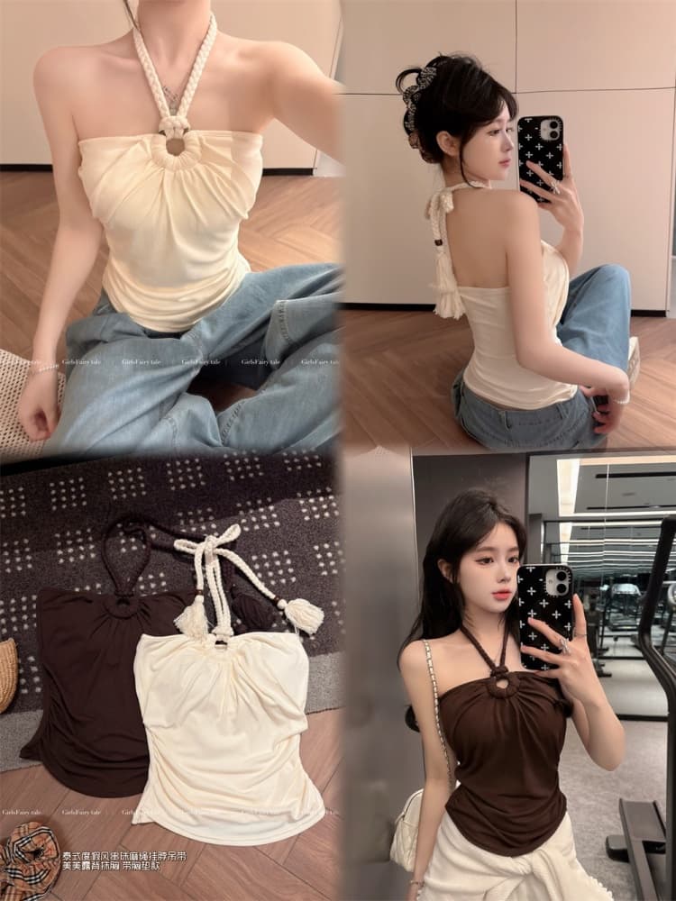 실사 정가 감소되지 않음 핫걸 비즈 대마 로프 행침 목 튜브탑 작은 슬링 주름 몸매 가꾸기 벨트 가슴 패드 민소매 맨위 상세 이미지 3