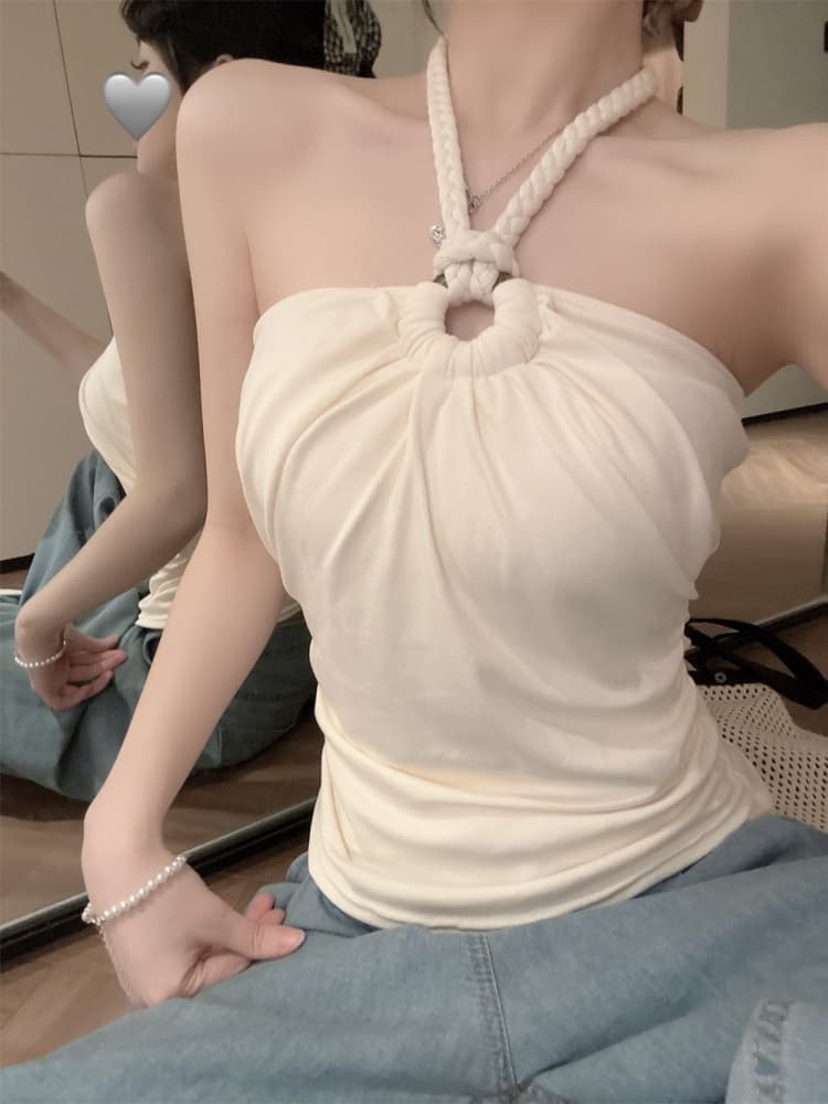 실사 정가 감소되지 않음 핫걸 비즈 대마 로프 행침 목 튜브탑 작은 슬링 주름 몸매 가꾸기 벨트 가슴 패드 민소매 맨위 상세 이미지 9
