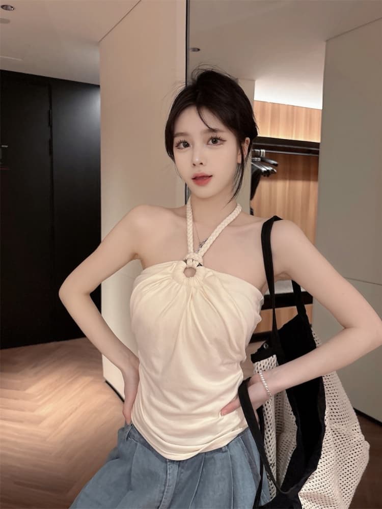실사 정가 감소되지 않음 핫걸 비즈 대마 로프 행침 목 튜브탑 작은 슬링 주름 몸매 가꾸기 벨트 가슴 패드 민소매 맨위 상세 이미지 10