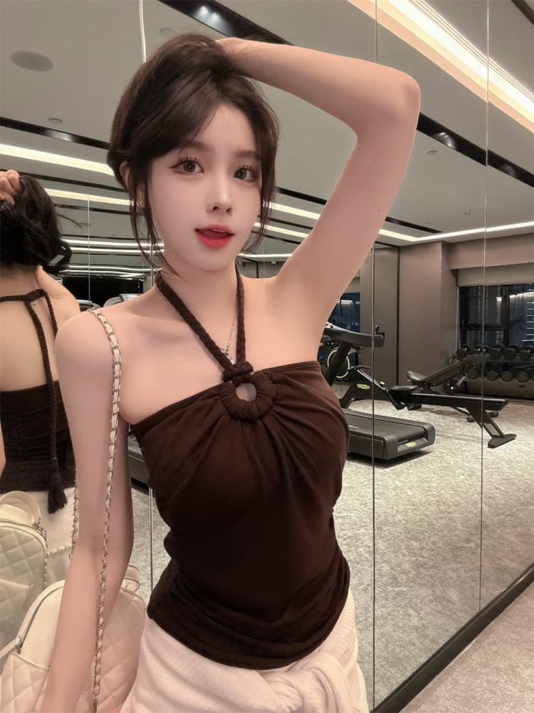실사 정가 감소되지 않음 핫걸 비즈 대마 로프 행침 목 튜브탑 작은 슬링 주름 몸매 가꾸기 벨트 가슴 패드 민소매 맨위 상세 이미지 12