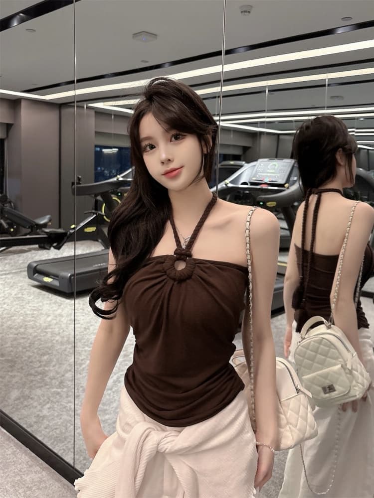 실사 정가 감소되지 않음 핫걸 비즈 대마 로프 행침 목 튜브탑 작은 슬링 주름 몸매 가꾸기 벨트 가슴 패드 민소매 맨위 상세 이미지 14