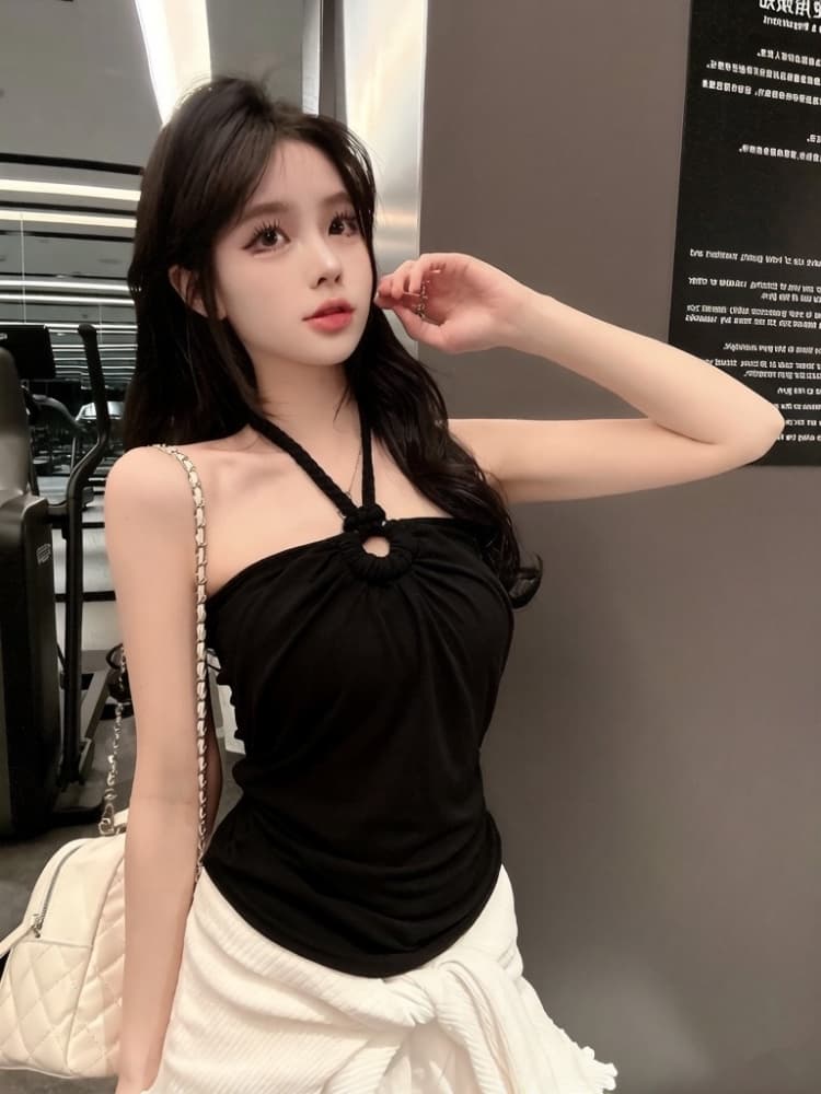 실사 정가 감소되지 않음 핫걸 비즈 대마 로프 행침 목 튜브탑 작은 슬링 주름 몸매 가꾸기 벨트 가슴 패드 민소매 맨위 상세 이미지 18