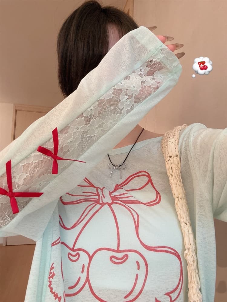 실사 정가 감소되지 않음 레이스 조각 나비 매듭 긴팔 자외선 차단 블라우스 여성 슬립 외부 가져 가라. 루즈핏 티셔츠 맨위 상세 이미지 37