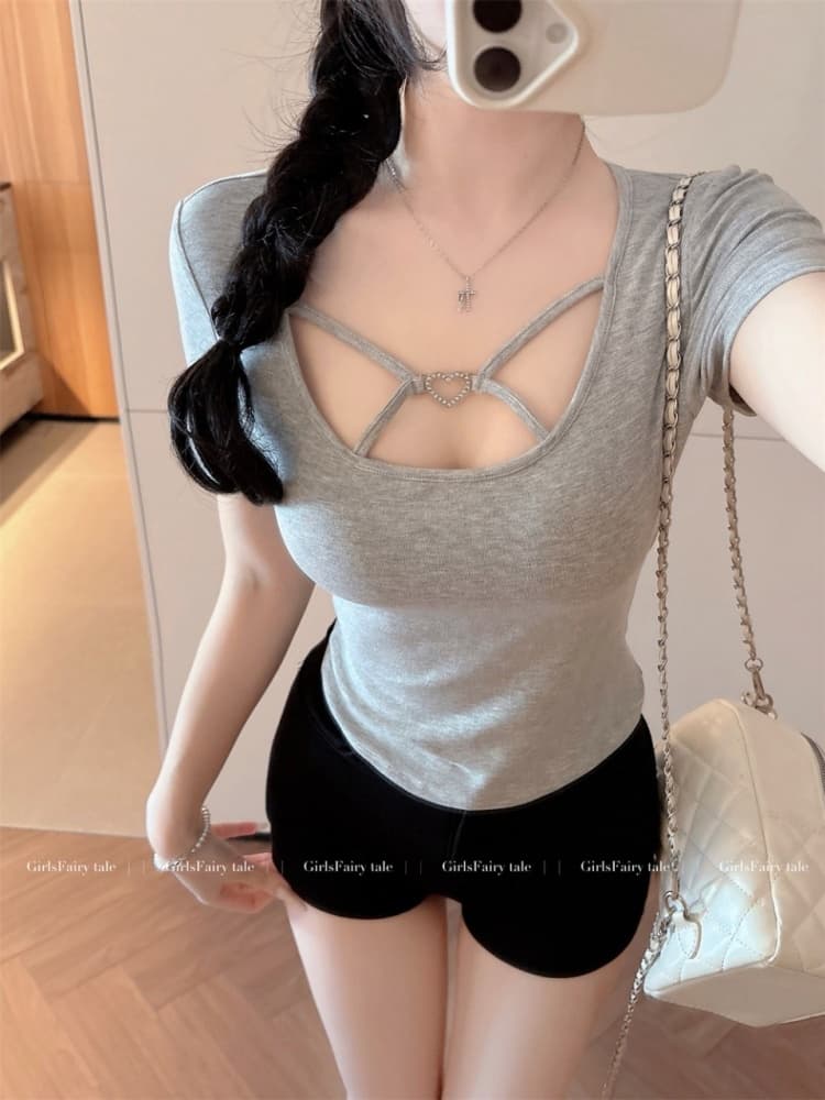 실사 정가 감소되지 않음 하트 십자가 반팔 티셔츠 여성 순수한 욕망 핫걸 섹시함 u 칼라 맨위 디자인 센스 상세 이미지 13